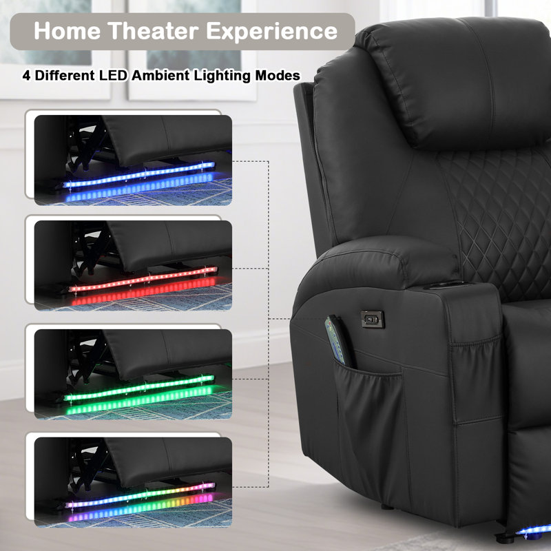 Power Recliner Chair with Heat and Massage for Adults - Home Theater Seating with LED Lights,Cup Holders,Side Pocket,USB Port - Recliner Sofa for Living Room