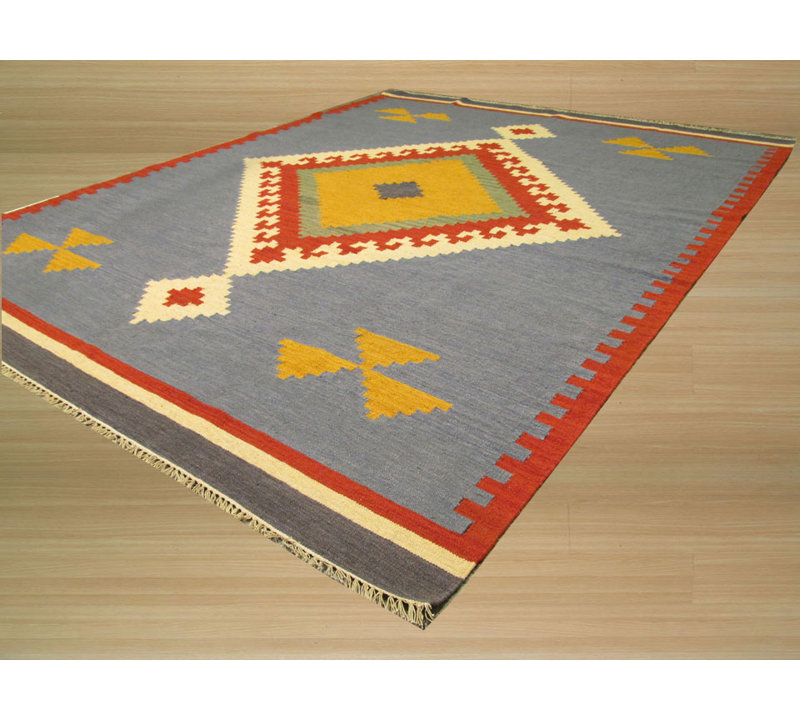 Alluring Comfortable Blue Flatweave Wool Rug, Rectangle 5' x 8'