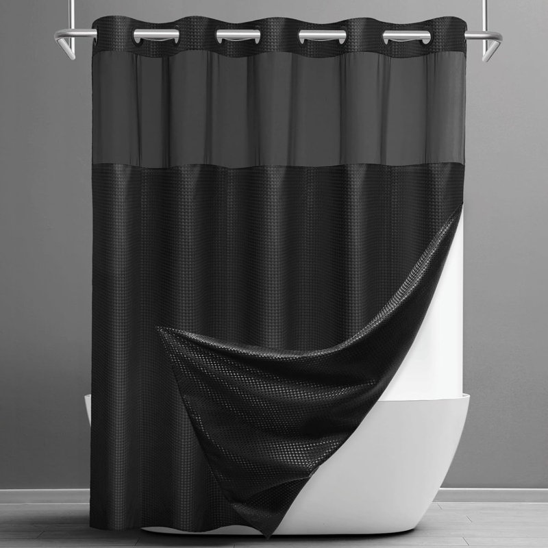 Rideau de douche No Hook avec ensemble de doublure encliquetable - Tissu imperméable à rayures chevron tissé gaufré noir, rideau Boho de luxe avec fenêtre supérieure en filet pour salle de bain d'hôtel, 71 po x 74 po