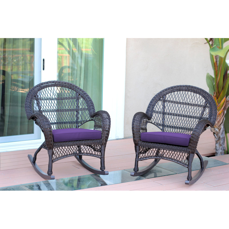 Chaise berçante en osier avec coussins Berchmans, Espresso, Bleu