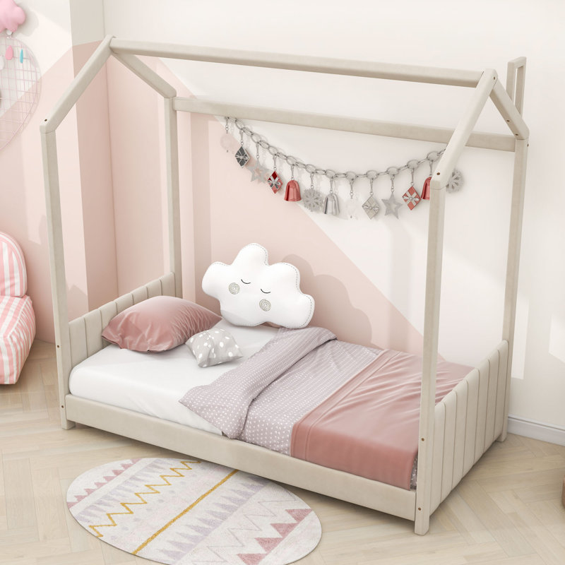 Bussell Tufted Upholstered Canopy Platform Bed, Beige, Twin