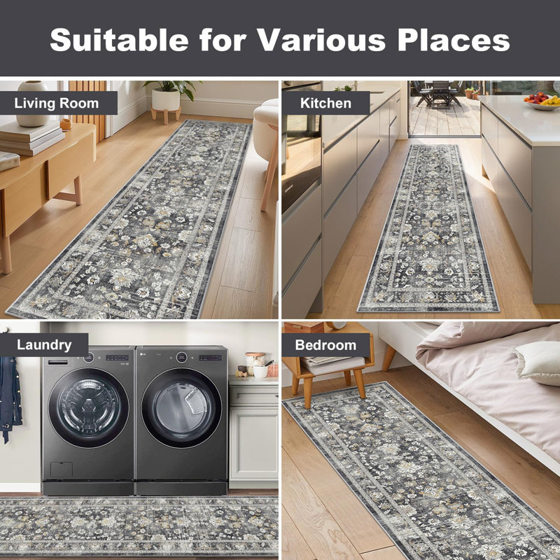 Floral Soft Faux Wool Kitchen Rug Carpet Runner for Kitchen Laundry Entryway Bedroom, Gray, Runner 2' x 6'