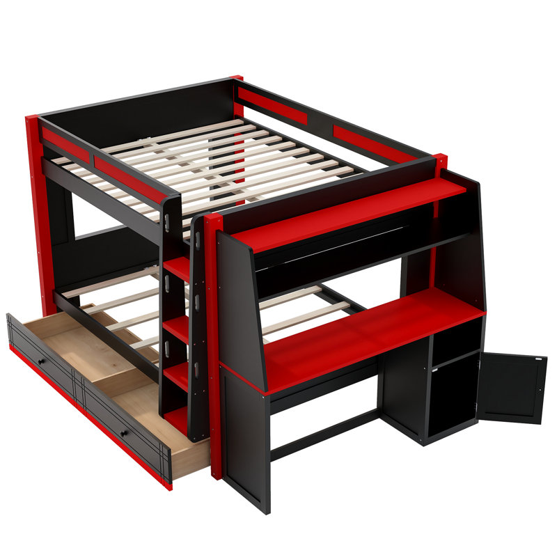 Full Size Gaming Bunk Bed with LED Lights, Desk, Bookshelves & Storage Drawers, Space-Saving, Red/Black Multifunctional