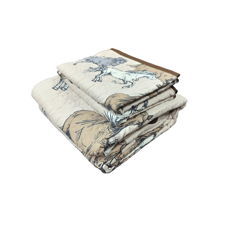 Drawn Wild Horses Western Mustang Country Farmhouse White Gray & Brown Decorative Quilt Bedding Set