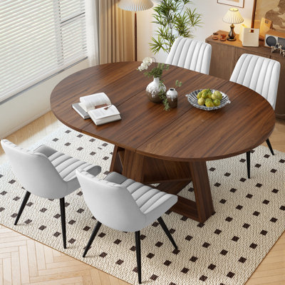 Fecteau Round To Oval Expandable Dining Table & Chairs Set, Space-Saving Dining Table With Hidden Storage Shelf, Includes 4 Upholstered Chairs