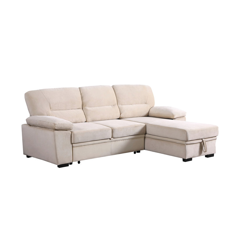 Velvet Fabric Reversible Sleeper Sectional Sofa Chaise, Beige