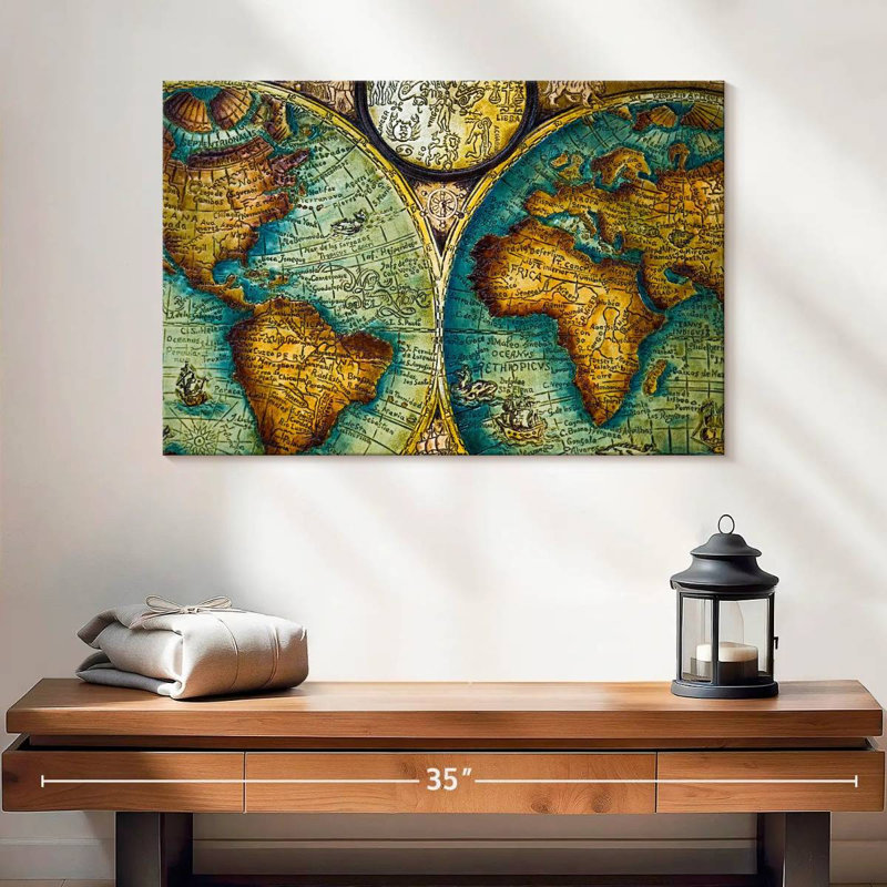 Carte du vieux monde sur toile, H 16 po x l 24 po x P 1,25 po