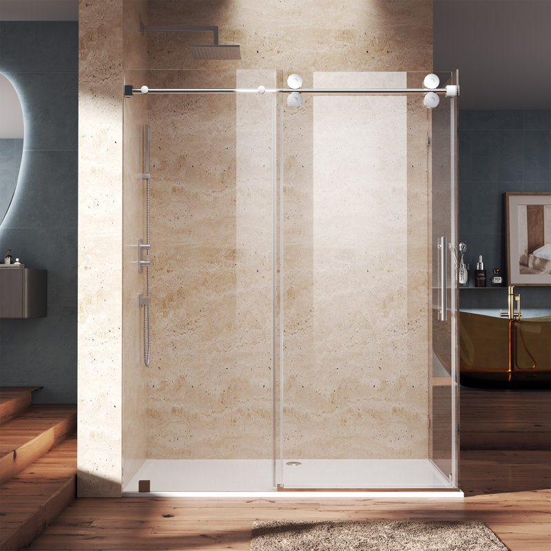 Cabine de douche coulissante sans cadre de l 60 po x P 35 po x H 76 po avec verre transparent chromé de 3/8 po, Chrome