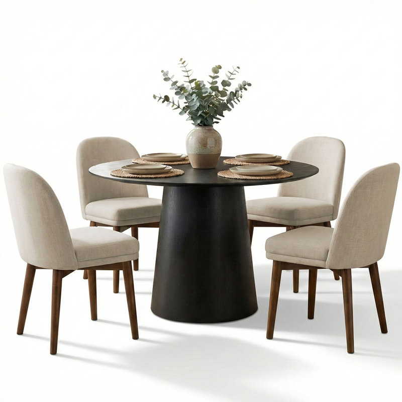 5-Piece Round Dining Table Set For 4, Beige Linen Blend