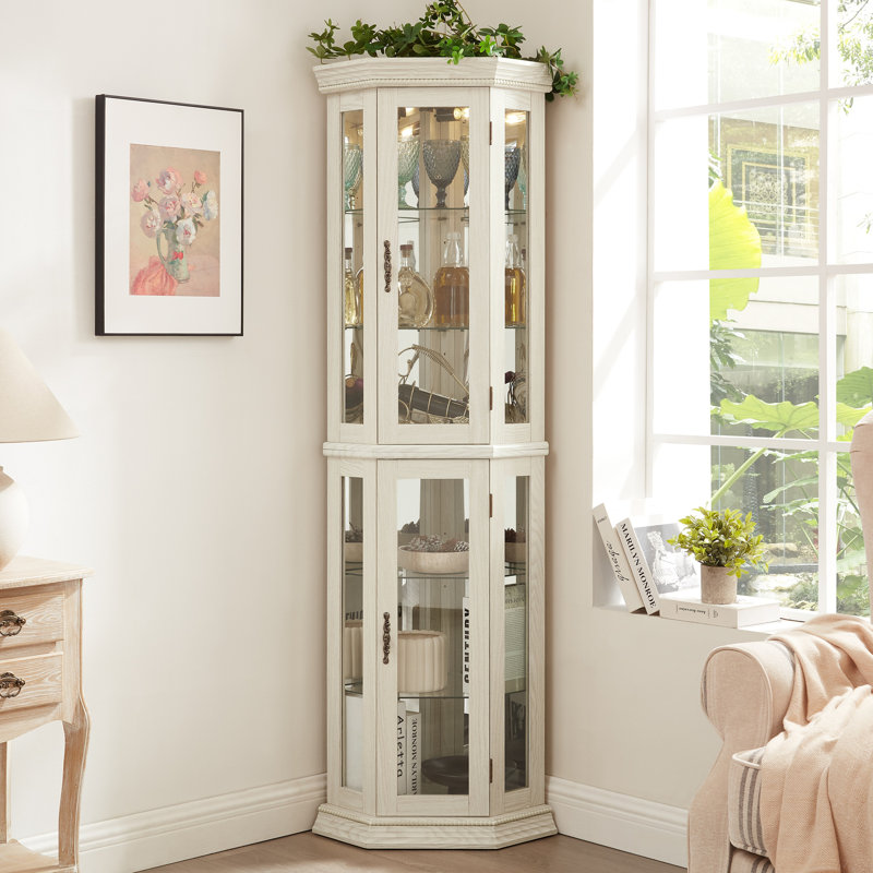 Lighted Corner Curio Cabinet - Glass Display Shelf With Tempered Glass Doors, Adjustable Shelving, And Included Bead Bulb - Ideal Bar Cabinet For Home Decor