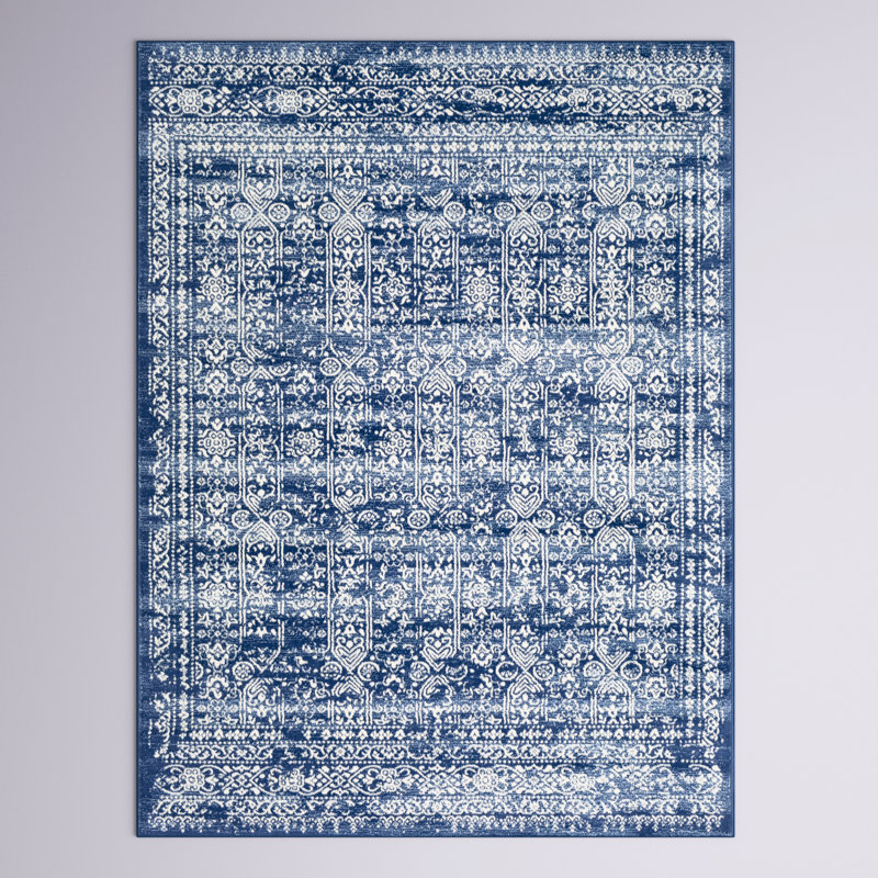 Tapis rayé bleu foncé / blanc Shyann, Rectangle 7 pi 10 po x 10 pi