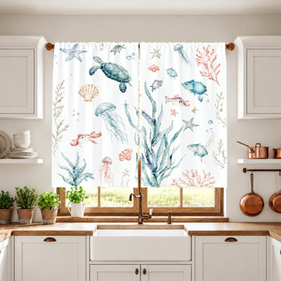 2Pcs Watercolor Ocean Life Curtains, Light Filtering Fabric, Cute Sea Creatures and Coral Print, Rod Pocket for Window Decor, Room, Bedroom, Playroom Home Decoration