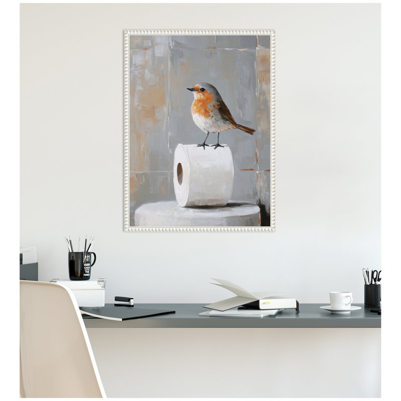 Oiseau debout sur un rouleau de papier toilette, art de salle de bain par The Creative Bunch Studio, reproduction d'art sur toile encadrée