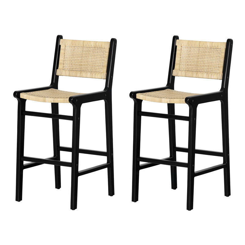 Balka 29" Rattan and Black Wood Boho-Chic Bar Stools, Set of 2