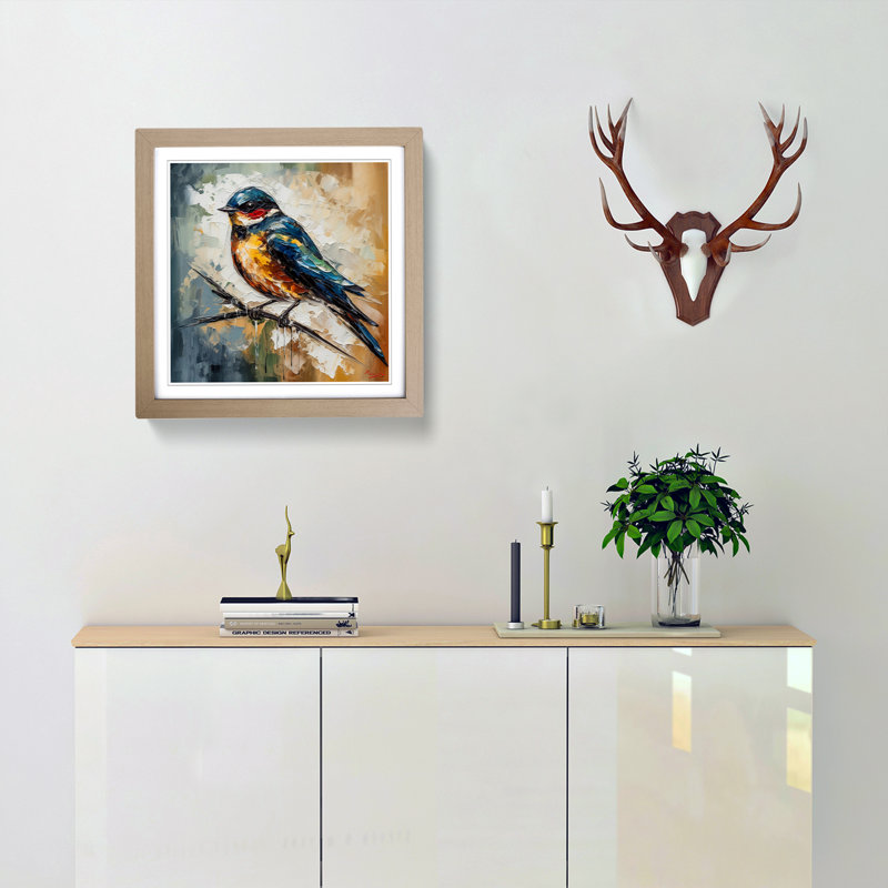 Swallow Palette Knife Painting - Single Picture Frame Print on Wood, Oak