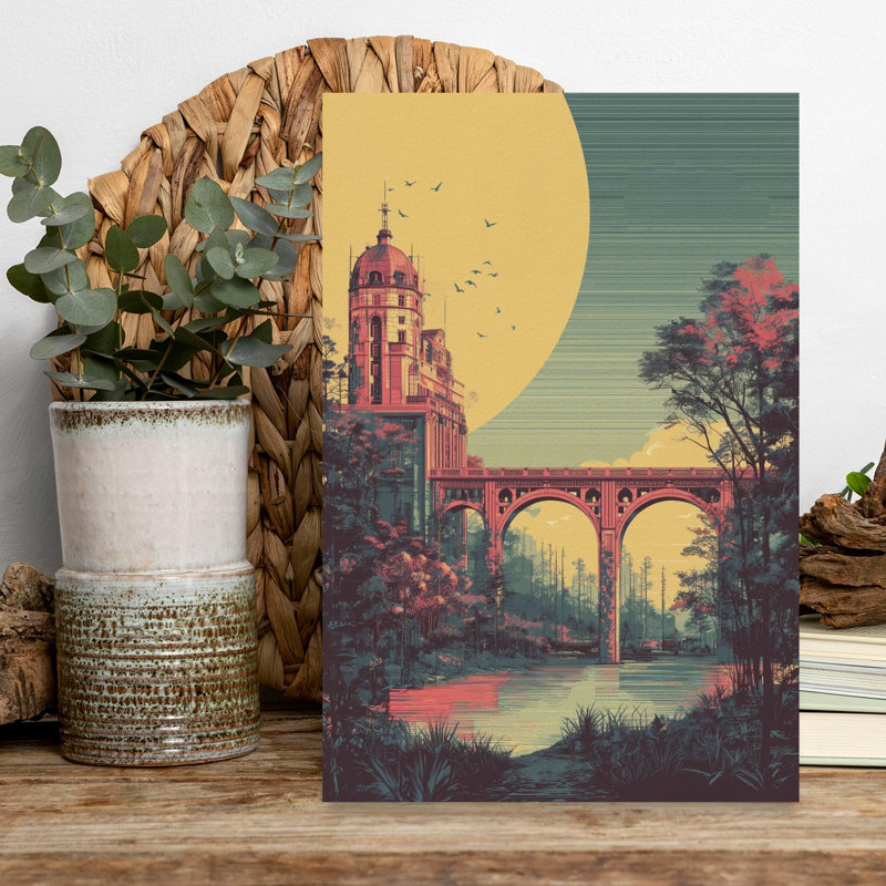 «River Vista», paysage paisible rétro, paysage serein, architecture, art mural, H 18 po x l 12 po