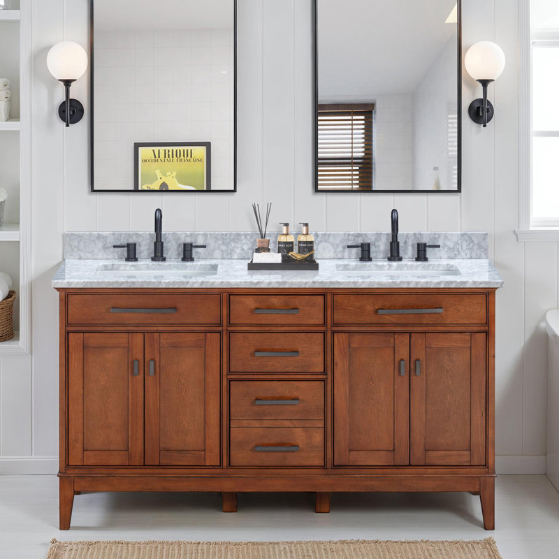 Anglet 60" Double Bathroom Vanity with Top, Carrera White, Tobacco