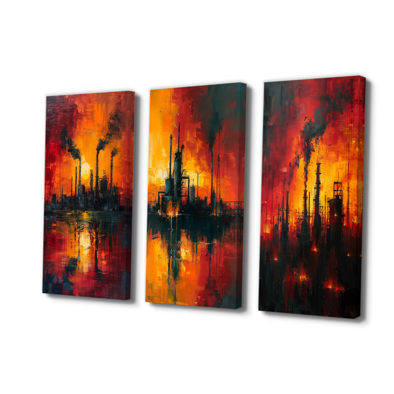 Collection industrielle rouge «Polution I» - usines d'art mural, Toile tendue, H 28 po x l 36 po, Ne s’applique pas