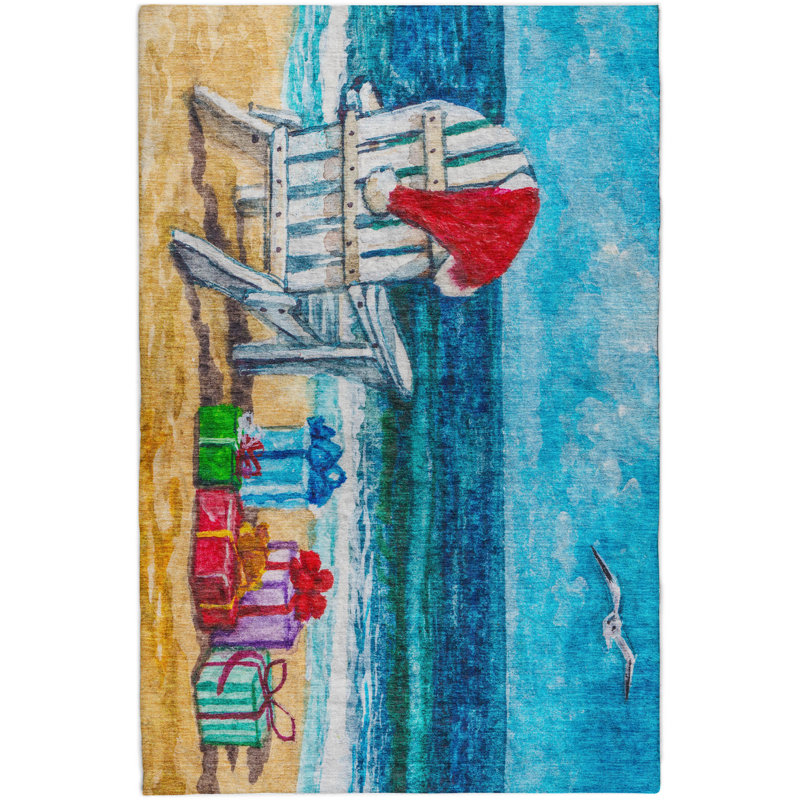 Premium Machine Washable Dream Shag ADS220 Santa on the Beach Rug, 3' x 5'