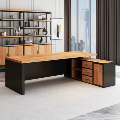 Brown+Black Rectangular Solid Wood+Iron with 3 drawers desk