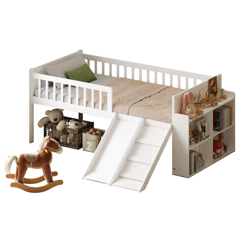 Structure de lit simple avec tablette de rangement, structure de lit en bois avec glissière et échelle, lit plateforme simple avec garde-corps, aucun sommier requis, assemblage facile, blanc
