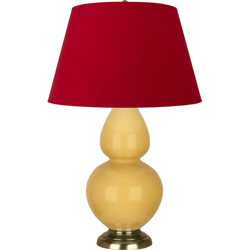 Lampe de table double gourde en céramique, Bleu vif / gris, Jaune coucher de soleil glacé / laiton, Laiton