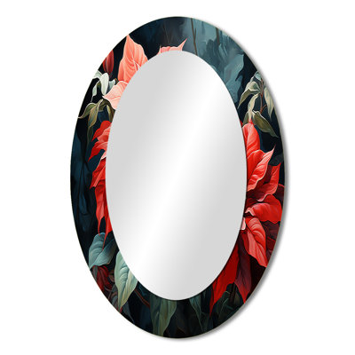 Red Black Poinsettia Flower Fusion - Large Oval Wall Mirror On Metal