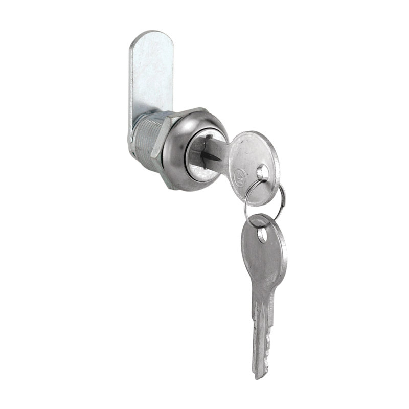 Tiroir à clé et serrure à tiroirs à clé identique Prime-Line, 3 cames, collier de garniture, 2 rondelles, 2 clés et attaches, longueur 5/8 po pour une épaisseur de panneau maximale de 5/16 po, acier inoxydable (ensemble de 1)