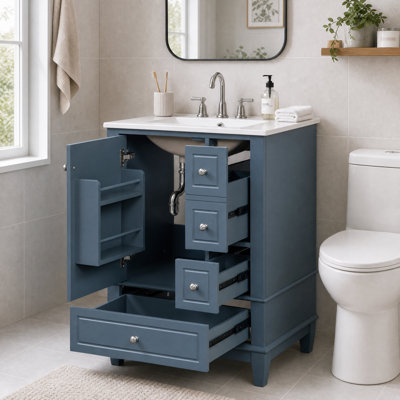 Meuble-lavabo 24 po avec lavabo en céramique, pieds en bois massif, 1 armoire et tiroirs, charnières à fermeture en douceur, bleu gris