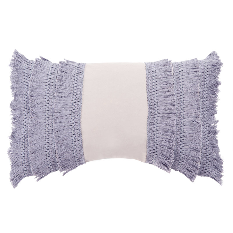 Light Grey and Periwinkle Fringed Cotton Rectangular Throw Pillow