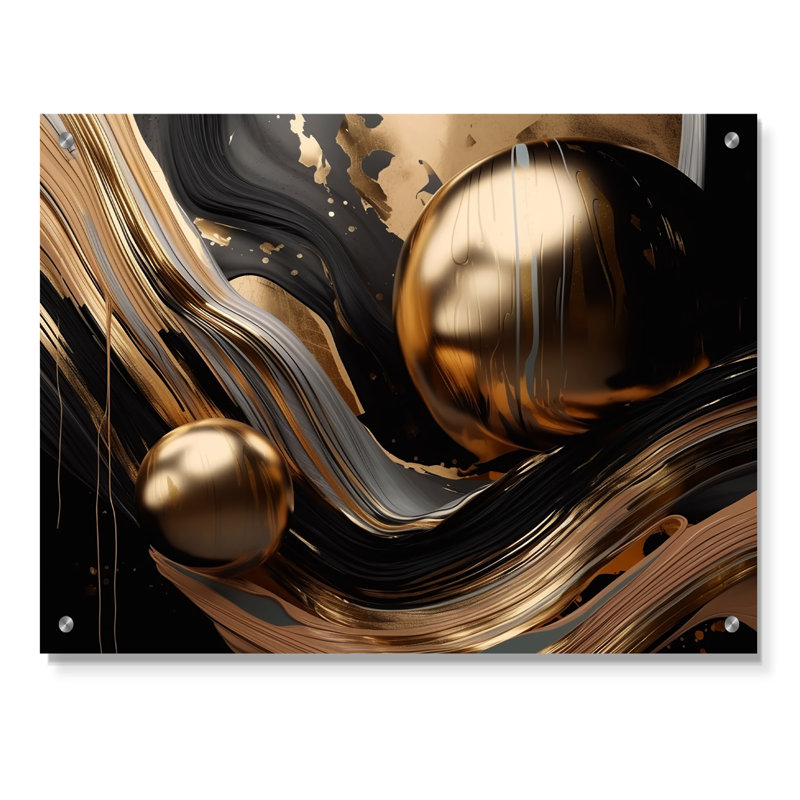 Marbre captivant doré et noir I - marbre abstrait acrylique, art mural, H 12 po x l 20 po