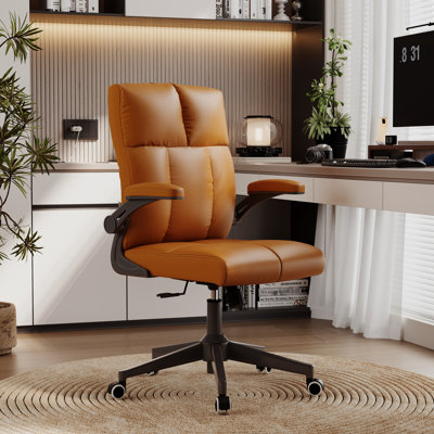 Fauteuil de bureau ergonomique à dossier moyen, fauteuil de direction en similicuir en similicuir, avec support de dossier ergonomique, pivotant à 360 °, accoudoirs rabattables et réglage de la hauteur, avec roulette pivotante silencieuse en polyuréthane pour le bureau à domicile