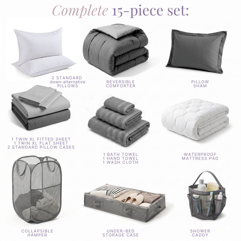 Back to College Kit, lit simple TG dans un sac avec College Essentials, Gris