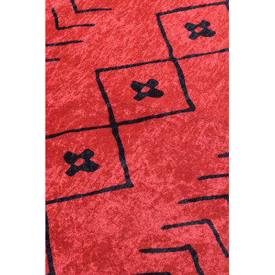 Premium Hall Carpet, 3.3 x 6.6 Feet, Red & Black | 100% Polyester, Pile Height: 0.2 in, Total Thickness: 0.4 in | Antibacterial, Non-Slip Underside, Machine Washable | Ideal for Home Décor & High-Traffic Areas