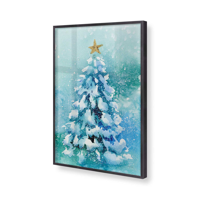 Arbre de Noël givré imprimé dans un cadre noir satiné, Cadre en zinc patiné, H 15,25 po x l 12,25 po x P 1,25 po