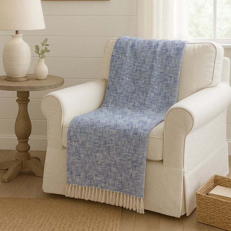  Handmade Solid 100% Cotton Woven Throw Blanket, Blue