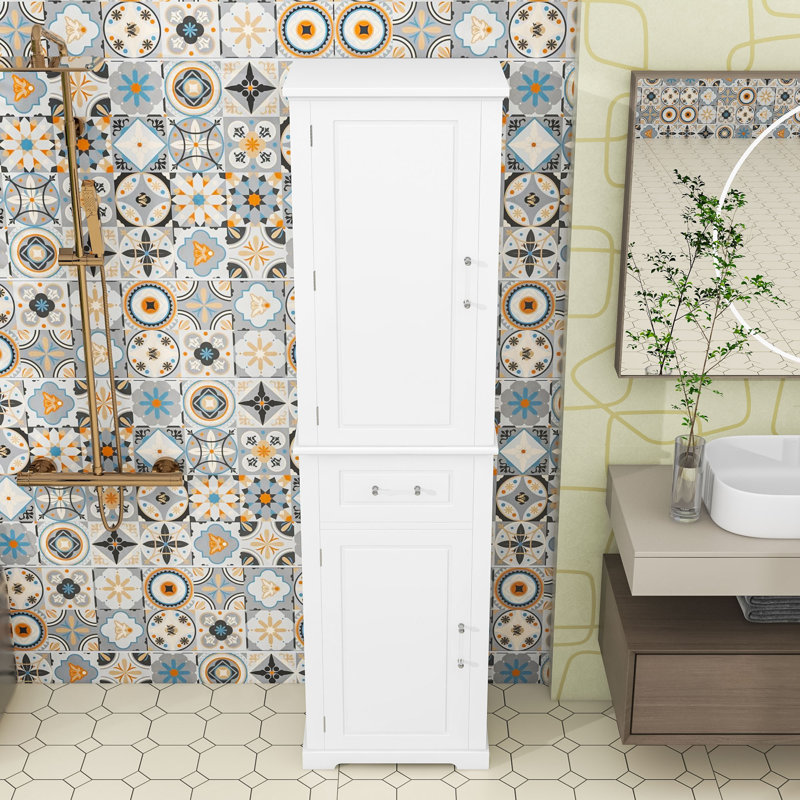 Tall Bathroom Cabinet with Adjustable Shelves, 2 Doors, Drawer and Anti-Tip Safety, White