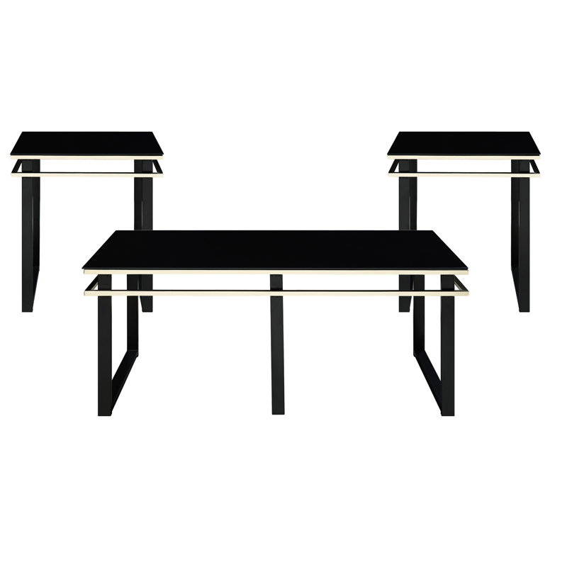 Table basse et tables de bout en verre trempé noir: mobilier moderne de 3 pièces pour le salon avec structure en métal