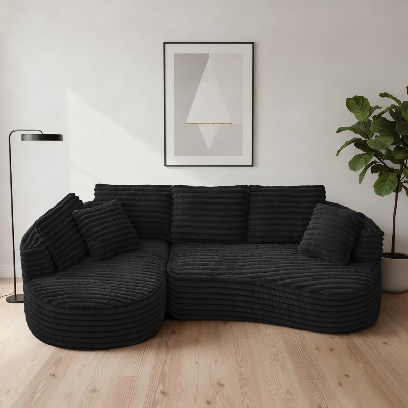 Stylish L-Shaped Corduroy Upholstered Curved Sectional Sofa, Black Corduroy , Left Hand Facing