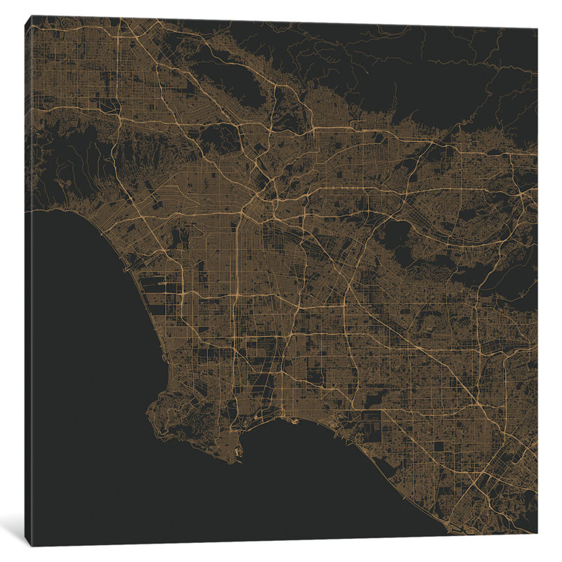 « los angeles routes », impression sur toile tendue, H 24 po x l 24 po x P 1 po, Papier d'art encadré noir, Blanc