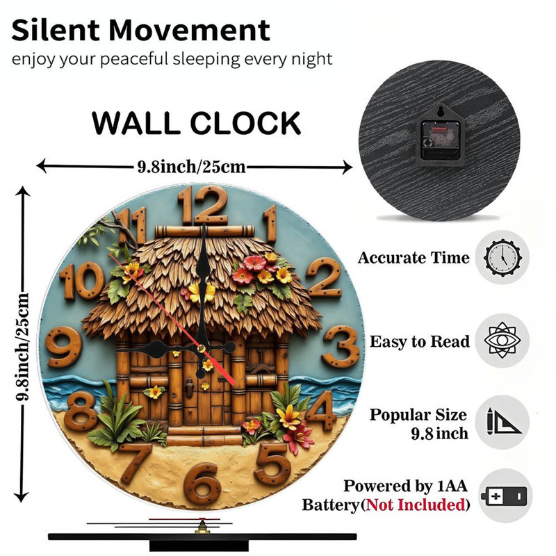 Horloge murale plage hutte fleurs tropicales