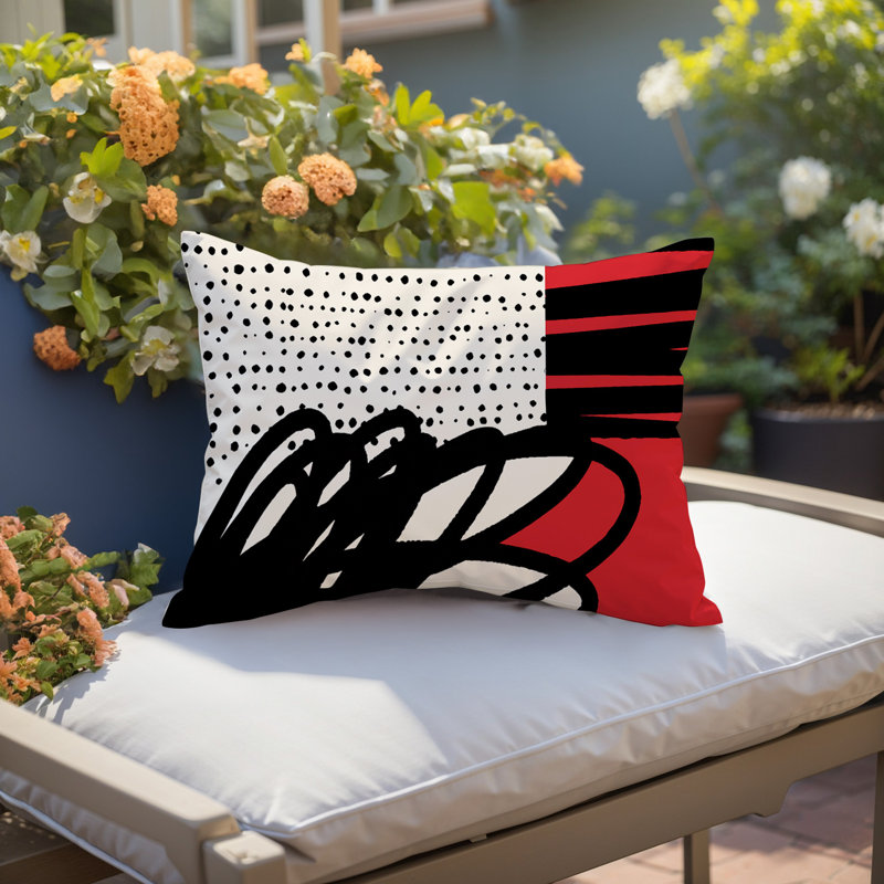 Oreiller rectangulaire réversible intérieur / extérieur Jofre, Rouge / noir / blanc cassé, H 14 po x l 20 po
