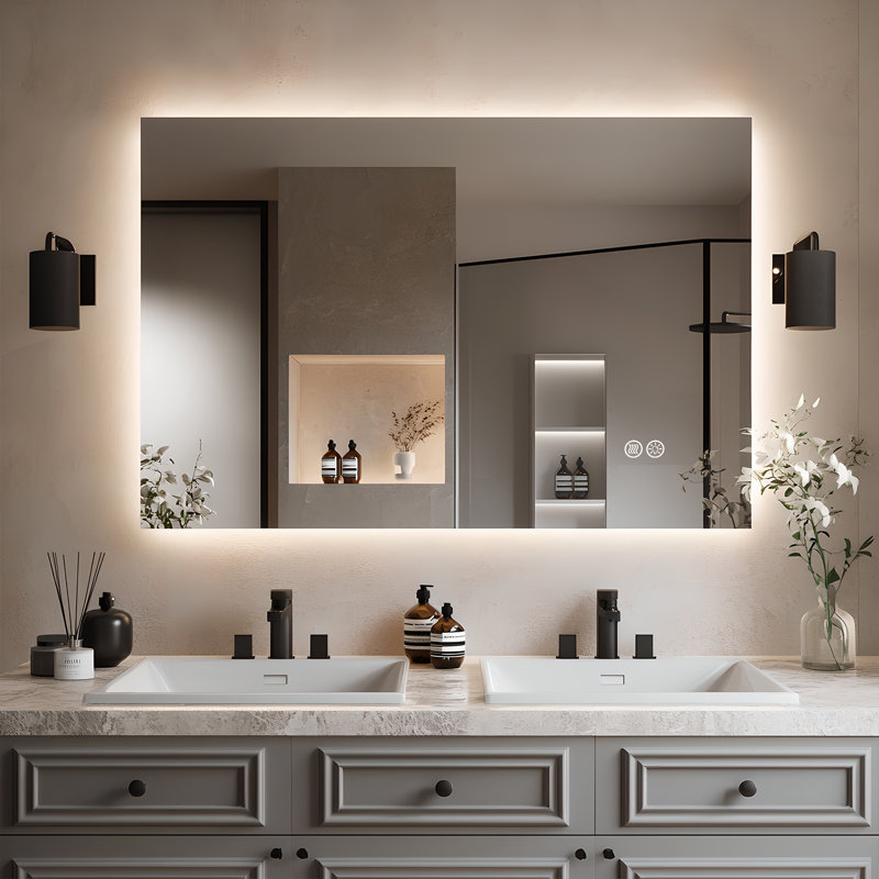 Anti-Fog & 3-Color Temp Dimmer Memory LED Mirror - Tempered Glass, ETL, 48" x 32"