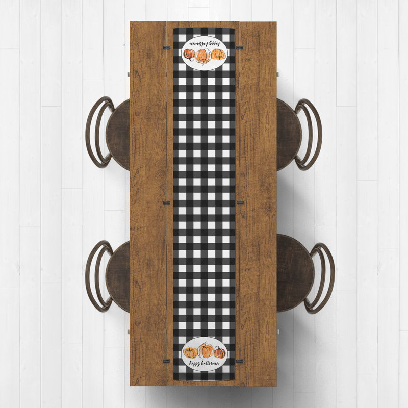 Watercolor Pumpkins Outdoor Table Runner Gingham, 72" x 16"