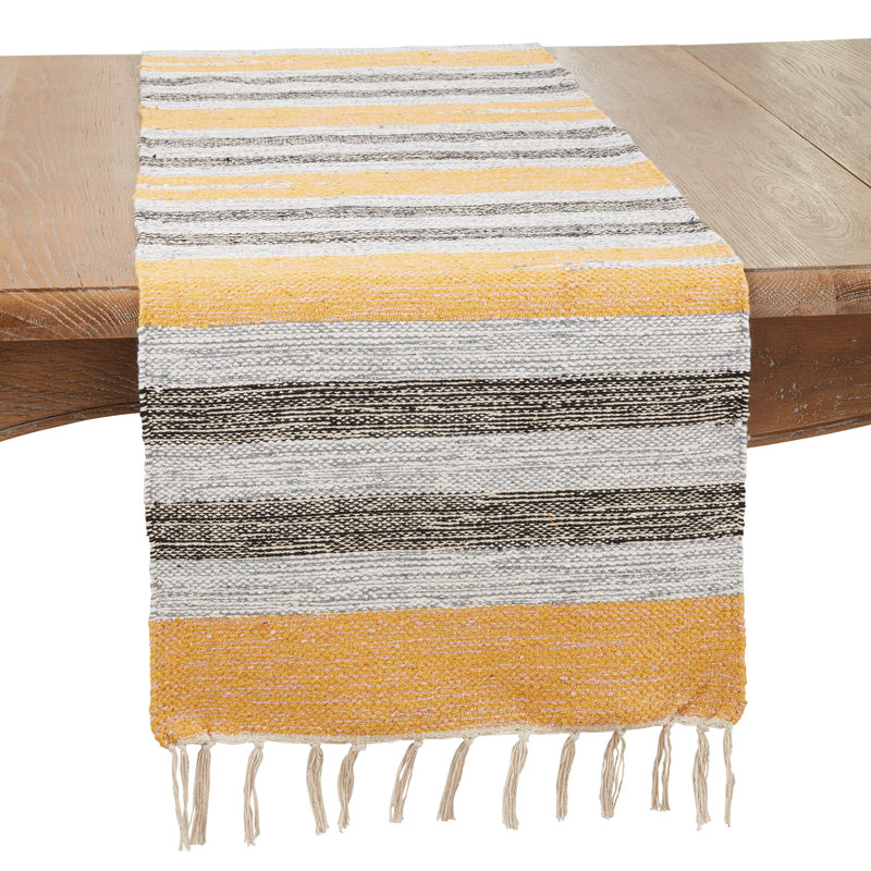 Textured Striped Table Runner With Fringe Detail