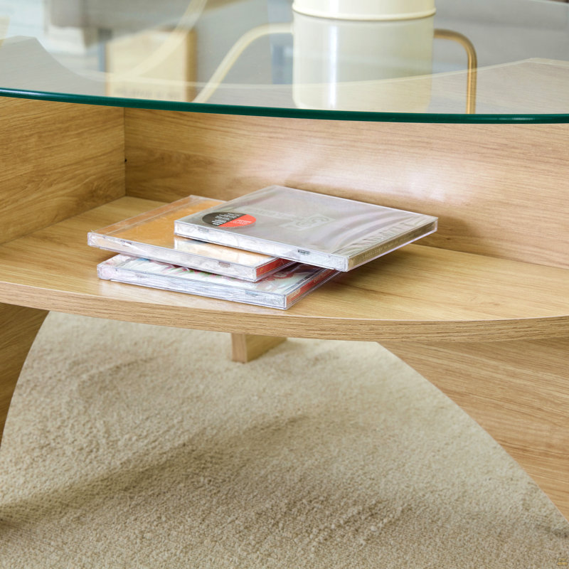 Table basse ovale en verre trempé, Bois naturel