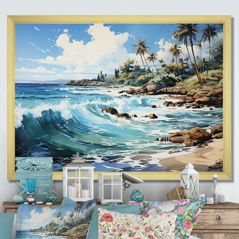 Palmier turquoise sur fond tropical, H 30 po x l 40 po x P 1,5 po, Encadrement doré
