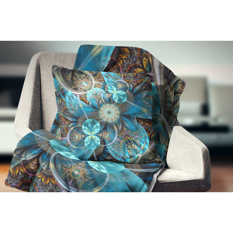 Fleurs bleues fractales - coussin à imprimé floral, 16 po x 1 po, Coussin décoratif