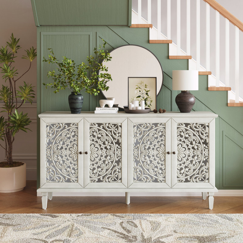 Buffet antique 60 "avec sculptures florales, Blanc / gris antique