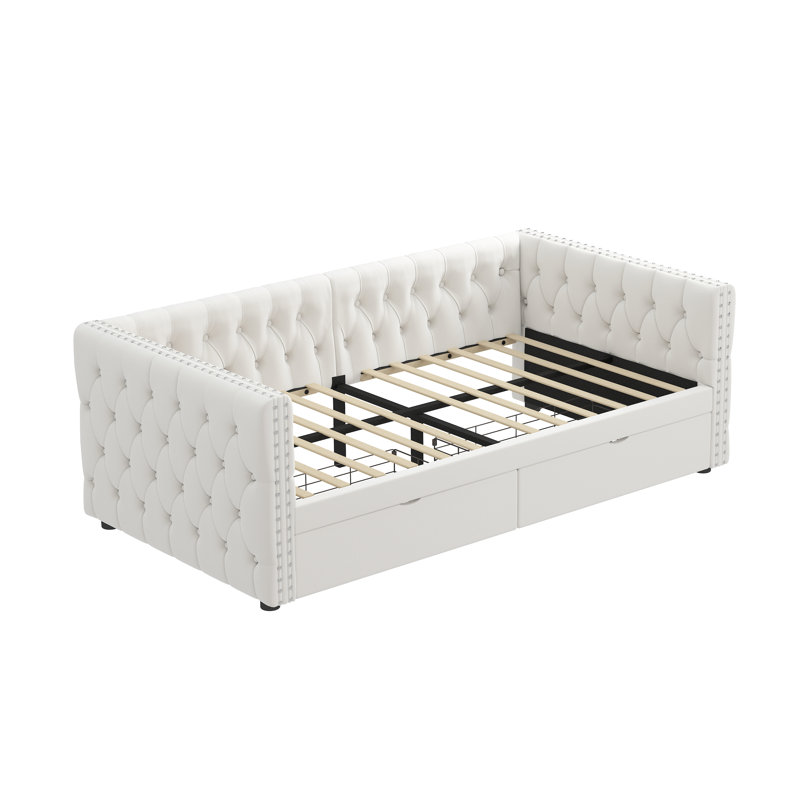 Twin Size Daybed With Drawers Upholstered Tufted Sofa Bed, With Button On Back And Copper Nail On Waved Shape Arms, Velvet